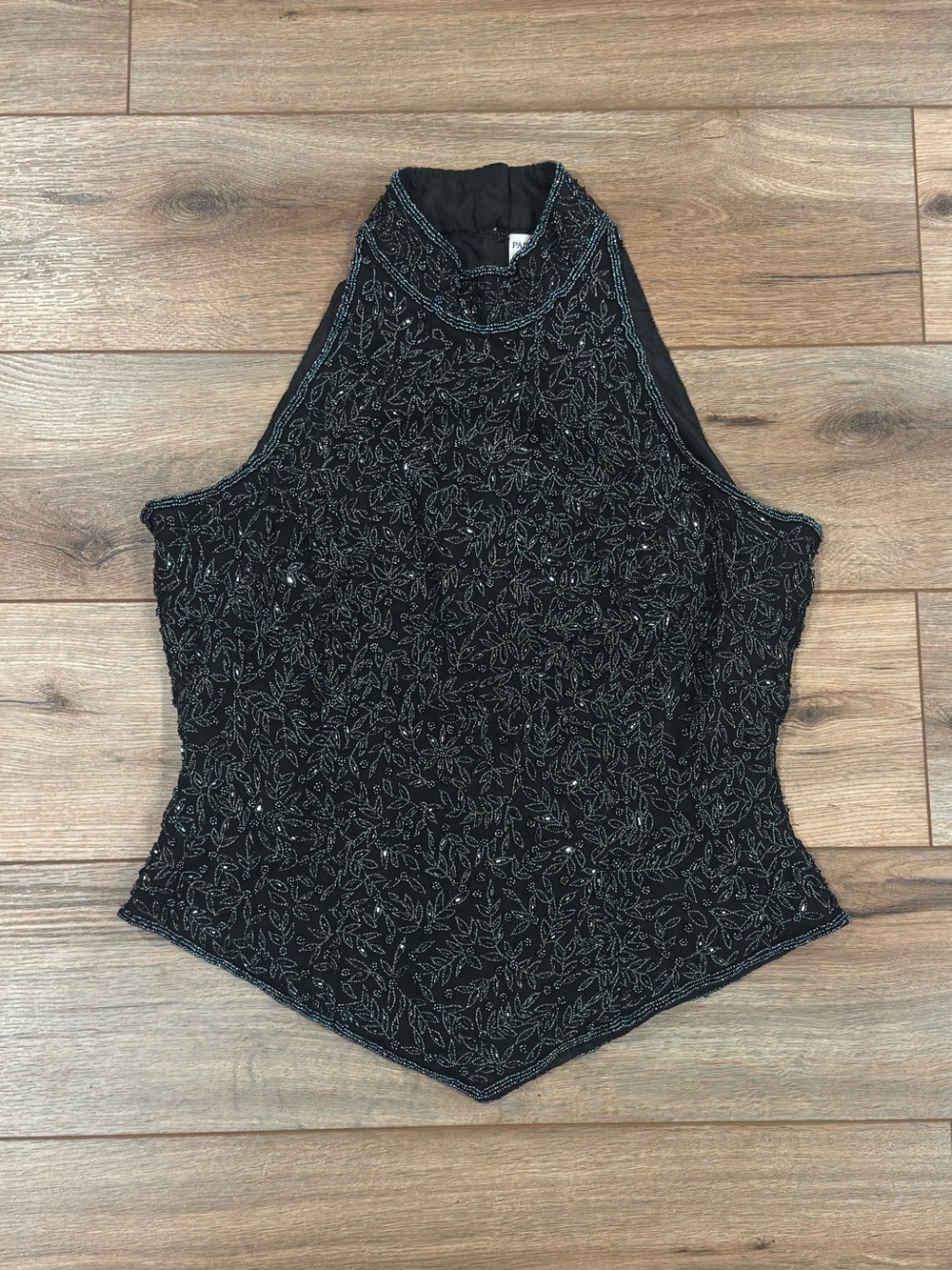 PAPELL BOUTIQUE Vintage 90s Y2k Black 100% Silk Silver Beaded Halter Top